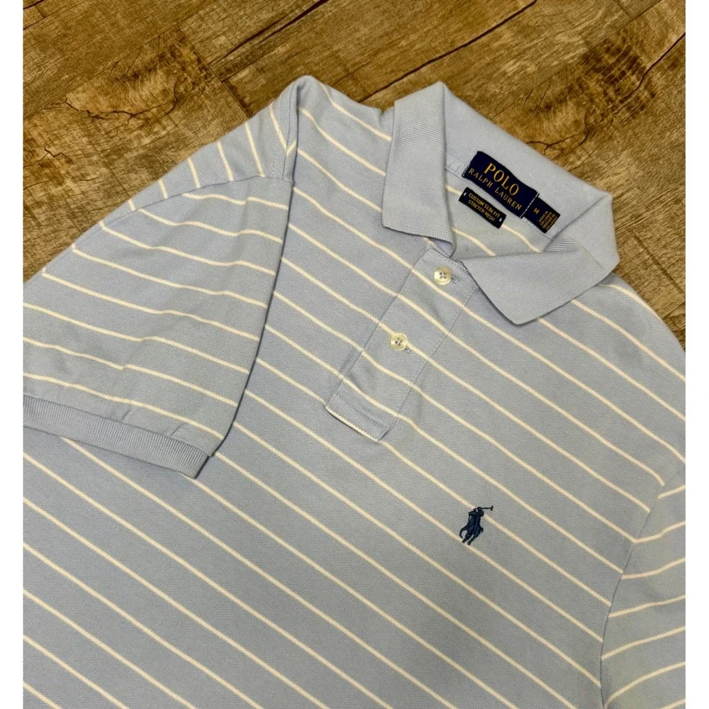 Polo Ralph Lauren Mens Slim Fit Stretch Medium Polo Shirt Light Blue Striped